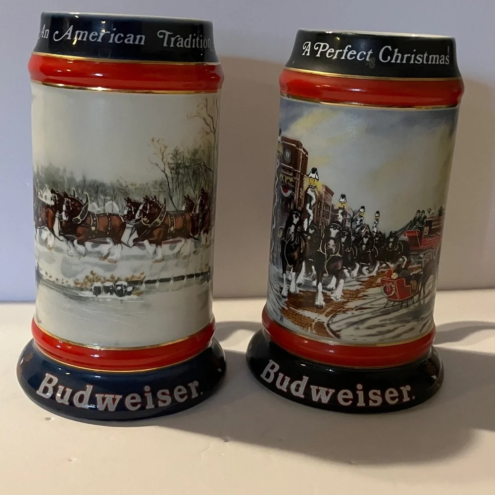 Vintage Budweiser Clydesdale 1990 & 1992 Winter Scene‎ Christmas Steins